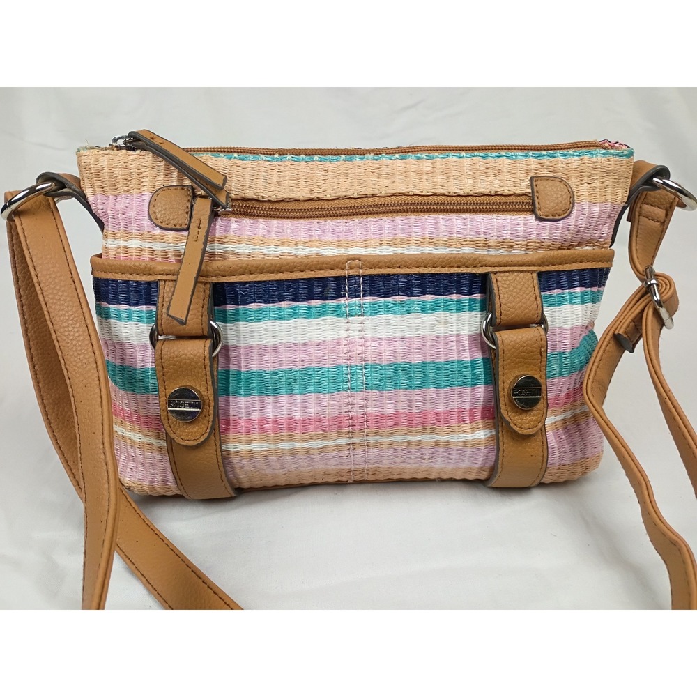 Rosetti Multi Color Striped Woven Straw Crossbody Bag Faux Leather Trim